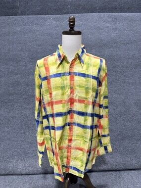 Koko Classic XL Plaid Button Front Shirt Yellow Multicolor Long Sleeve